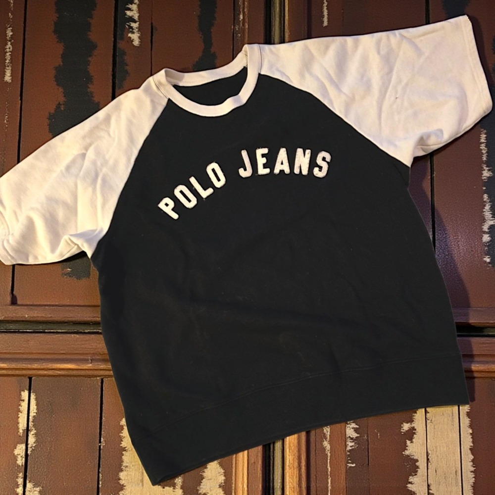 Vintage Polo Jeans Short Sleeve Sweatshirt Navy & Off-White Raglan Fleece XL